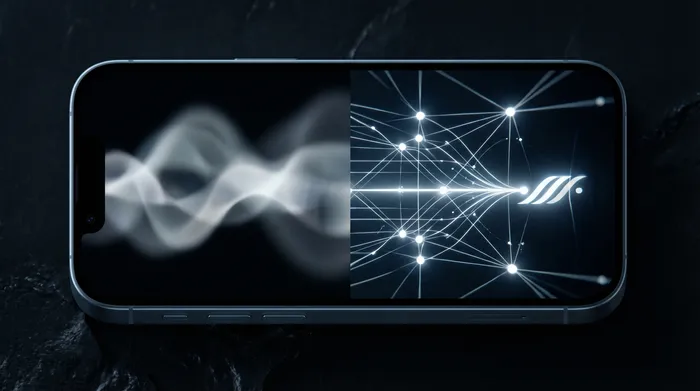 Muž v obleku manipulujúci s holografickým digitálnym rozhraním sieťových dát a IP adries, ktoré sa zobrazuje nad smartfónom.