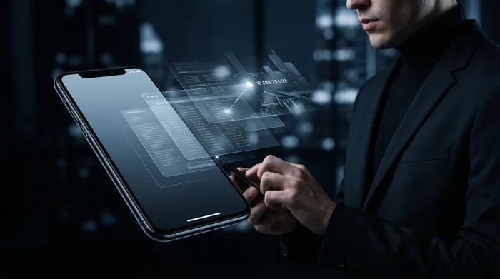 Dva smartfóny vedľa seba na stole, spojené svietiacou digitálnou sieťou symbolizujúcou prenos dát medzi zariadeniami.