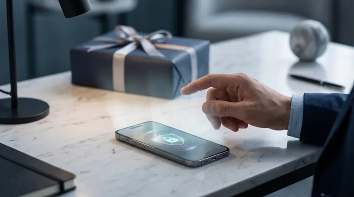 Ruka držiaca smartfón, ktorý zobrazuje rozhranie na posielanie správ s prekrytými technologickými grafickými prvkami, vrátane zámku, obvodov a telefónneho čísla, čo ilustruje mobilnú bezpečnosť a digitálnu komunikáciu.