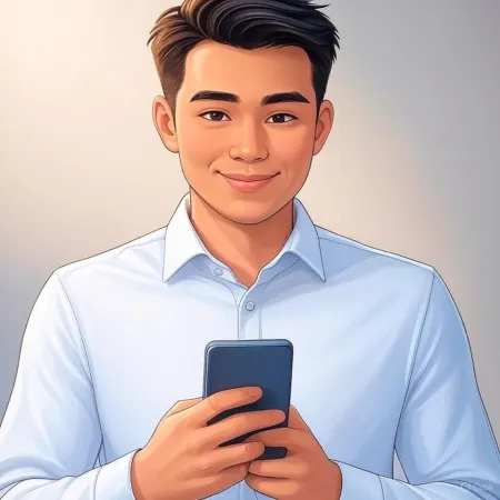 Ilustrácia usmievajúceho sa obchodníka v modrom obleku, ktorý drží smartfón.