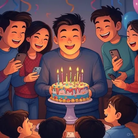 Ilustrácia narodeninovej oslavy, kde usmievajúci sa muž drží tortu zdobenú zapálenými sviečkami, obklopený priateľmi a blízkymi, ktorí fotografujú svojimi telefónmi.