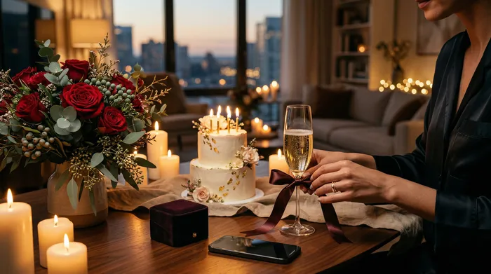 Usmievavá žena sediaca v modernej kuchyni sa pozerá na svoj mobilný telefón, zatiaľ čo jej dvaja muži v pozadí podávajú narodeninové torty so zapálenými sviečkami.