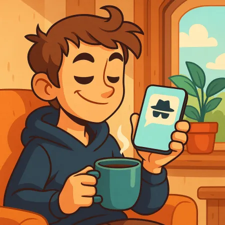 Ilustrácia mladého muža s úsmevom, pohodlne sediaceho s šálkou kávy, ktorý drží smartphone zobrazením ikony anonymnej správy s klobúkom a slnečnými okuliarmi