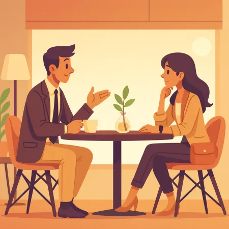 Ilustrácia dvoch osôb, ktoré diskutujú tvárou v tvár v kaviarni, muž v obleku a žena v elegantnej neformálnej súprave, sedia pri stole s malou rastlinou v strede.